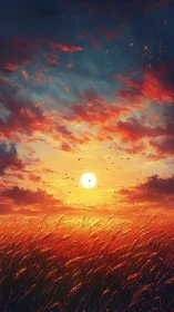 Sunset over windblown grassland under vivid clouded sky.