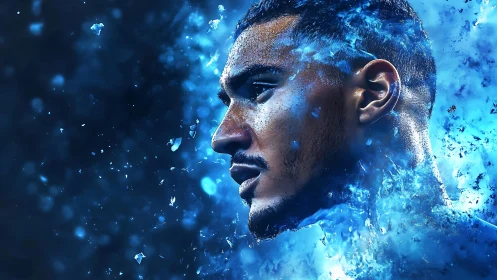 Intense male portrait dissolving into blue energy bursts.