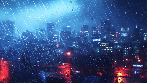 Cyberpunk nocturne cityscape with dynamic rain streak overlay.