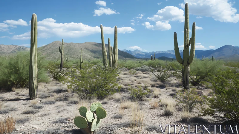 Sunny desert cacti standing tall beneath soft blue skies.
