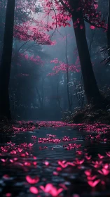Enchanted river of neon petals beneath moody twilight forest.