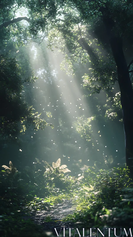 Crepuscular Light Penetration Through Dense Forest Canopy.