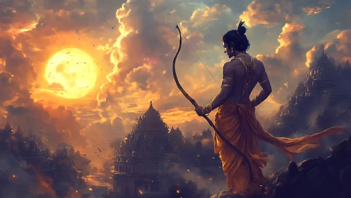 Warrior archer studies mythic sunrise above temple valley