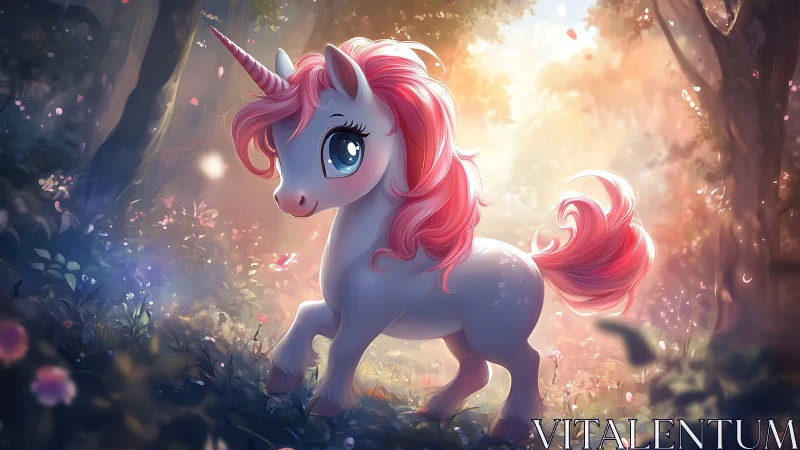 Cute pink-maned unicorn standing in glowing fantasy forest.