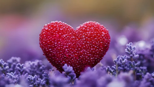 Red heart shape covered in water droplets amid lavender blooms.