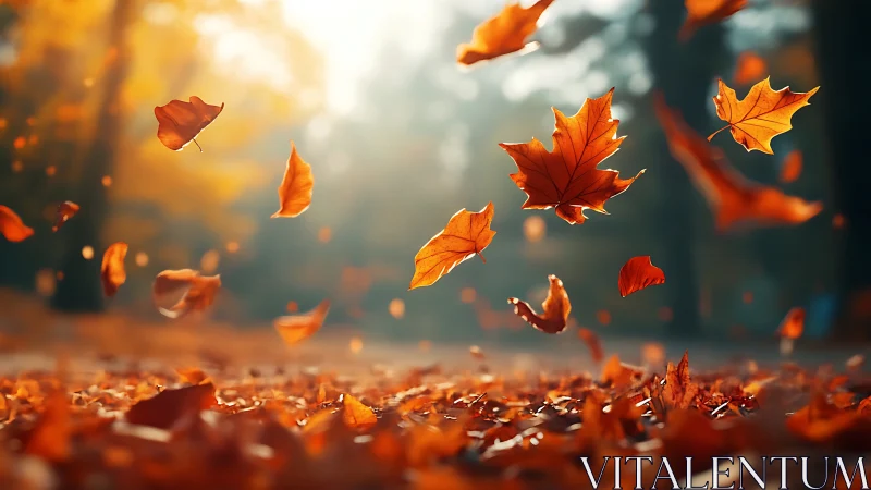 Autumn maple leaves suspended in shallow depth, motion-blurred air