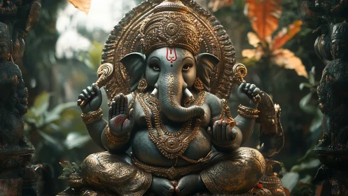 Peaceful Ganesha statue glowing with golden jungle light.