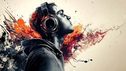 Headphoned listener in dynamic abstract color burst.