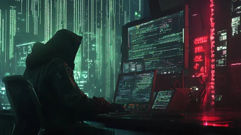 Hooded hacker works in neon city under cascading code rain