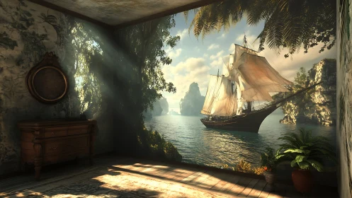 Interior room merging with seascape of sailing ship wall scene.