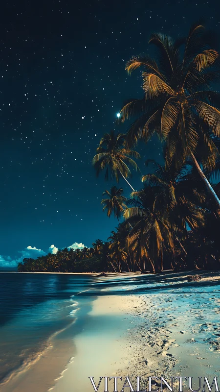 Tropical Beach Night with Palm Trees and Moonlight