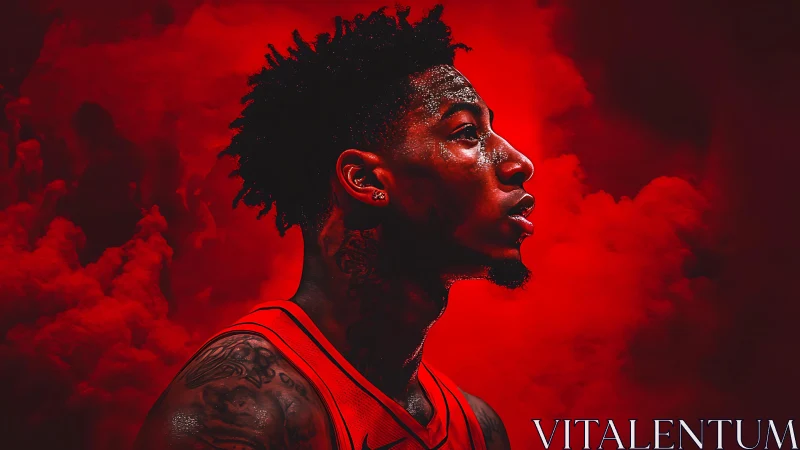 Side-profile basketball portrait in red atmospheric haze