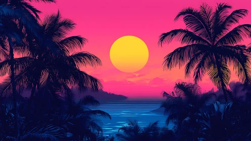 Neon tropical sunset over calm ocean framed by palms.