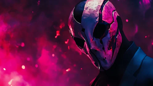 Chromed skull mask character under magenta volumetric nebula lighting