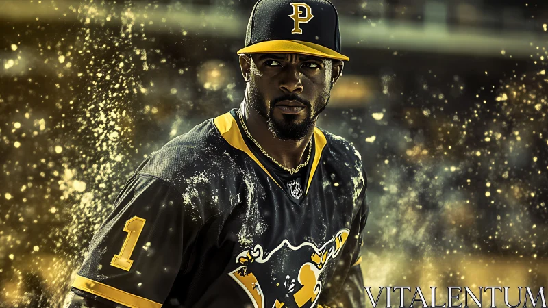 Dynamic baseball portrait with particulate lighting effects.