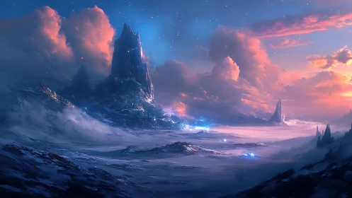 Frozen starlight drapes alien mountains in coral twilight hush