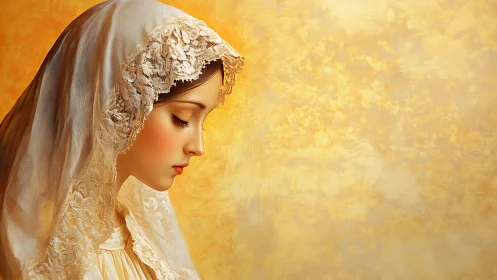 Young woman in lace veil prays against warm golden light