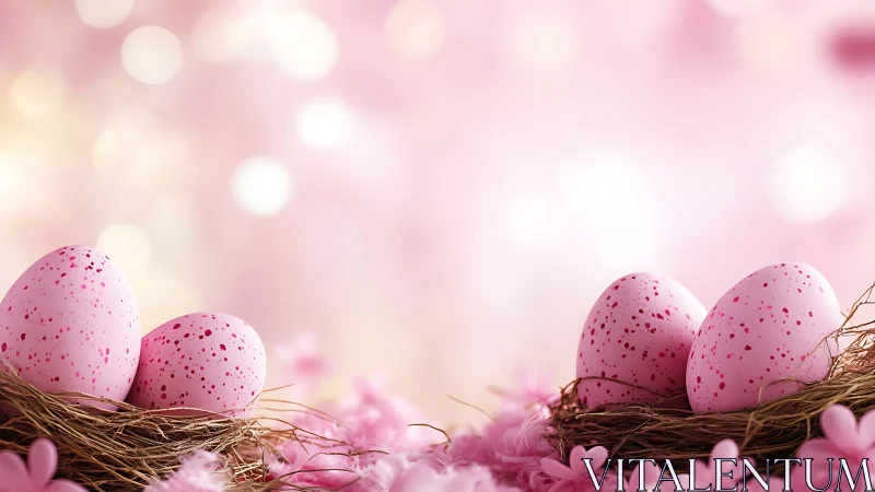 Soft pink speckled eggs resting in dreamy spring nests.