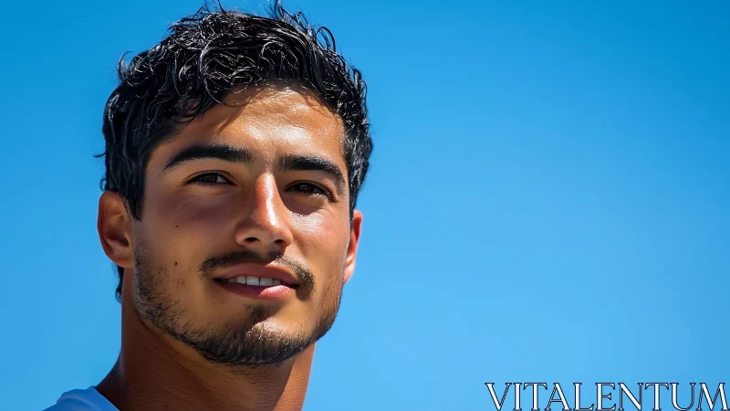 Portrait shows a young man against a clear blue sky