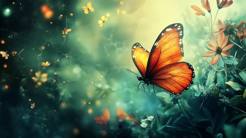 Orange butterfly rests on flowers in soft glowing light