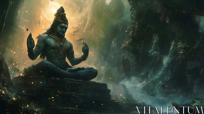 Serene blue deity meditating in a misty, glowing gorge.