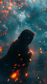 Hooded figure stands amid dispersed embers and dense smoke