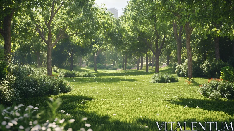Sunlit park meadow welcomes quiet walks beneath green trees