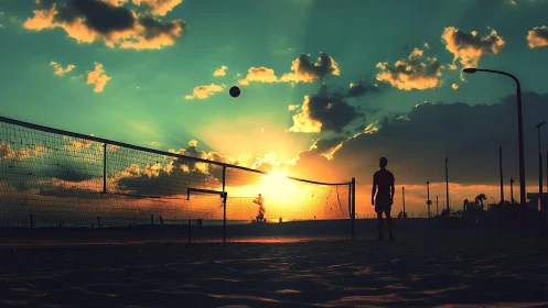 Silhouetted beach volleyball court stands against vivid sunset sky