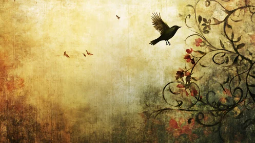 Silhouetted bird near floral vines on textured gradient field.