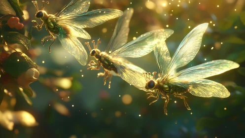 Iridescent dragonflies hover in cinematic backlit bokeh field