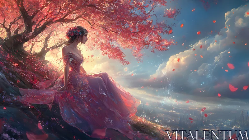 Backlit floral maiden observes luminous valley under drifting petals