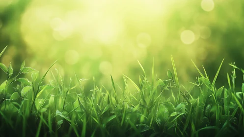 Sunlit Morning Dew on Green Grass, Soft Focus Nature Scene.