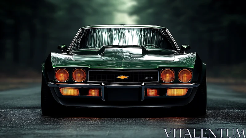 Deep green muscle car waits on a misty forest road at dusk