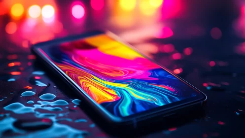 Neon-lit smartphone rests on wet surface in vivid color glow.