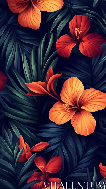 Floral Arrangement with Red and Orange Hibiscus Blooms