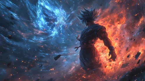 Warrior stands between swirling blue vortex and firestorm