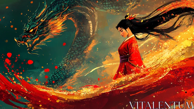Warrior woman walks through dragon fire in swirling reds