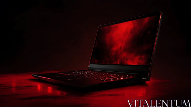 Gaming laptop sits on red-lit surface with glowing display