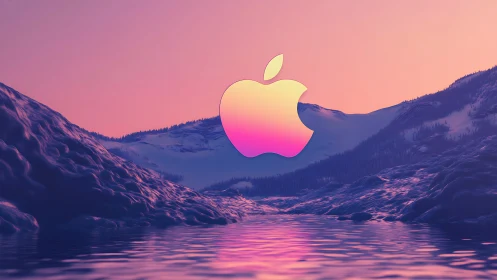 Apple logo floats over stylized snowy valley and water surface