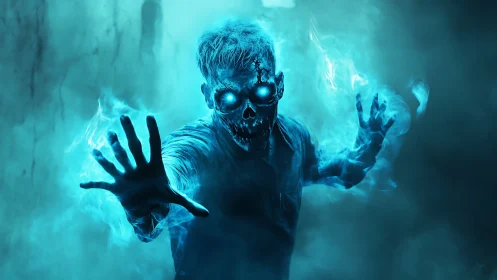 Glowing blue undead figure lunging through spectral smoke.