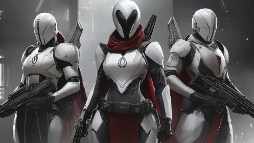 Three armored sci-fi soldiers stand in formation indoors