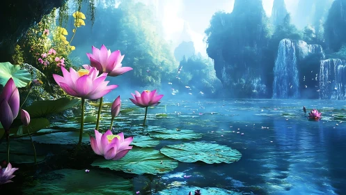 Lotus lagoon glows under misty waterfalls and blue light.