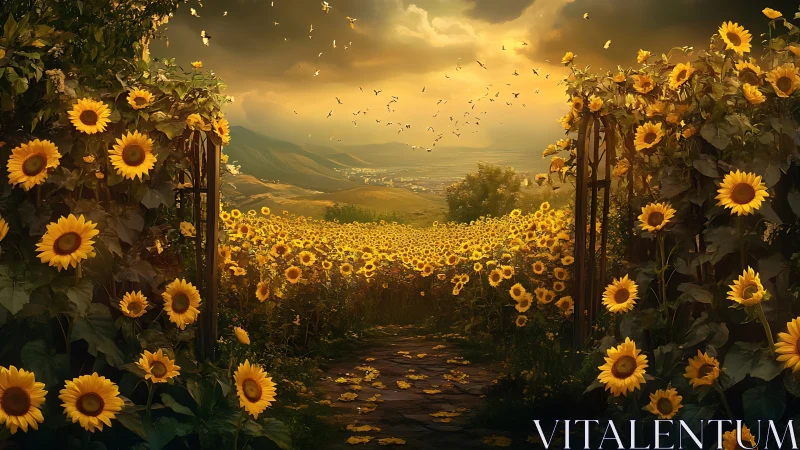 Sunflower field extends beyond dual garden gates at sunset