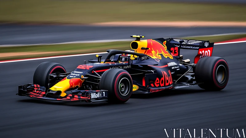 Red Bull Formula racing car on track at speed in profile.