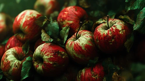 Bruised rebel apples hold court in a moody emerald orchard