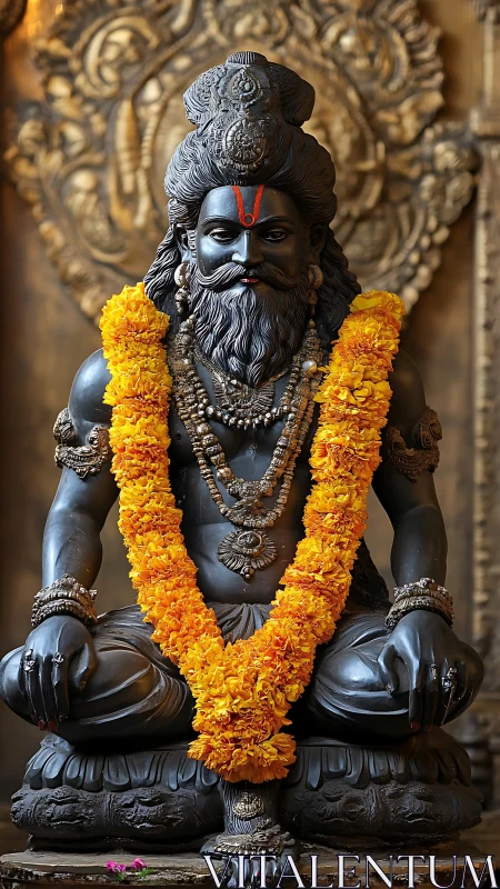 Stone statue of seated figure with garland is centrally framed