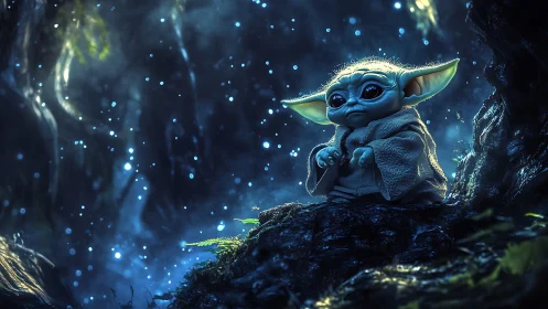 Small alien creature sits on mossy rock in glowing forest