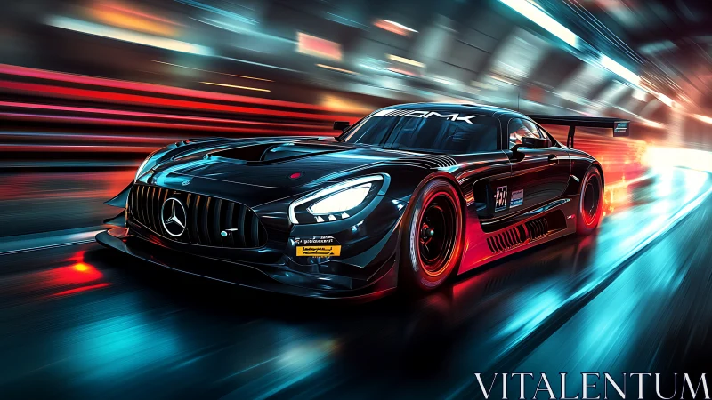 Sleek black race car surges through neon tunnel in bold motion