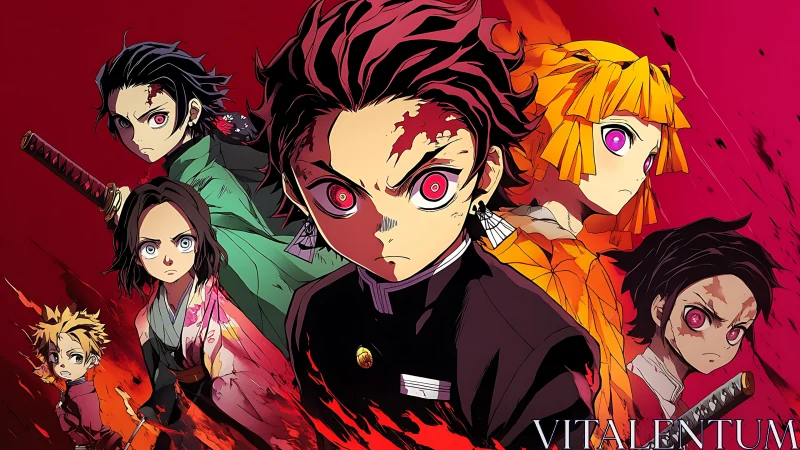 Anime fighters stand in red background with intense expressions