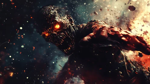 Infernal zombie lunges through a storm of molten embers.